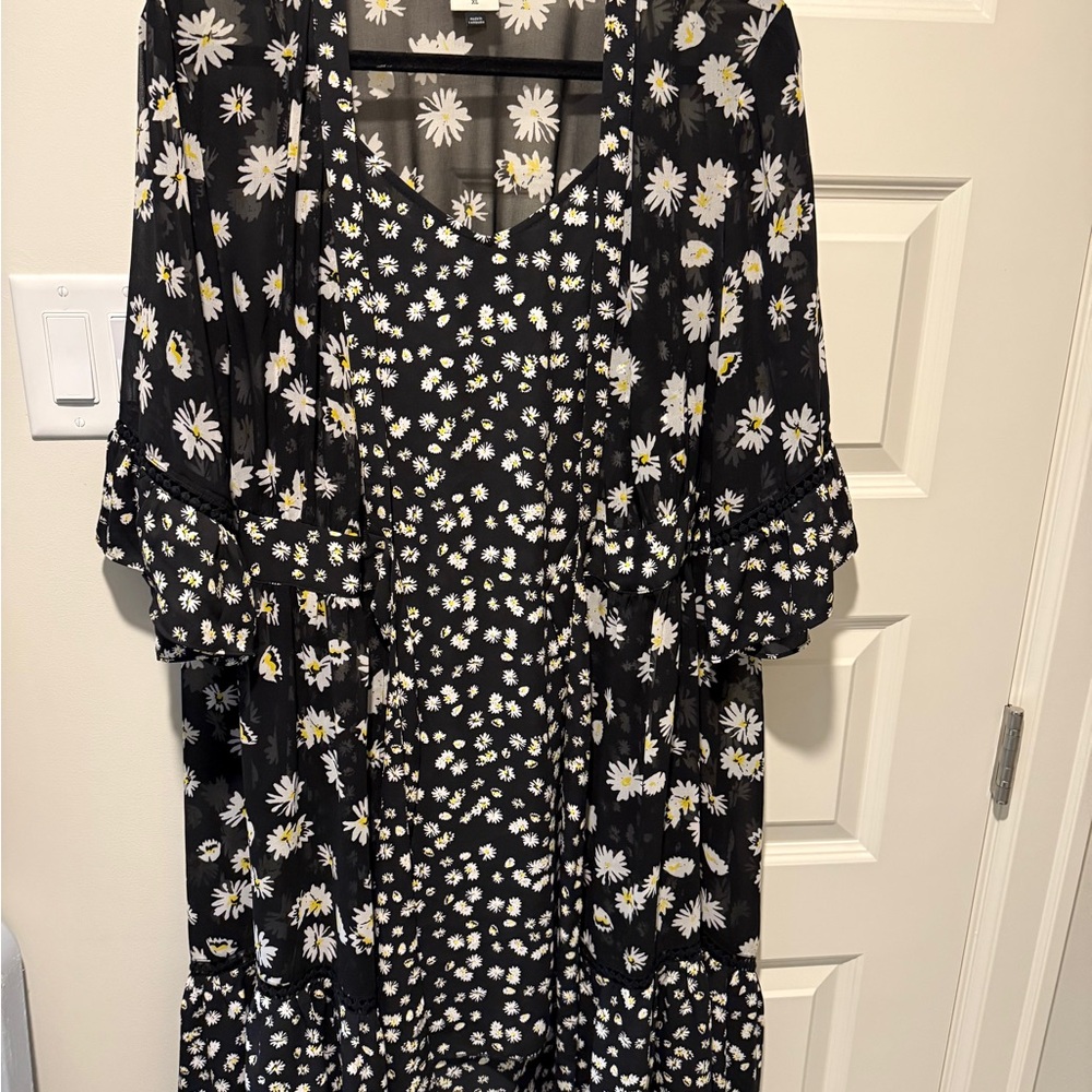 Cabi Daisy Dress Black and White Floral Dress with Sheer Layer